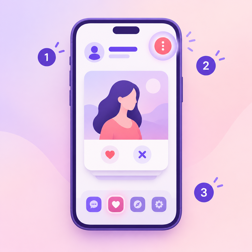Illustration of a phone showing Sabi with the three-dot menu highlighted at the top of the screen and app icons at the bottom, beside numbered steps.